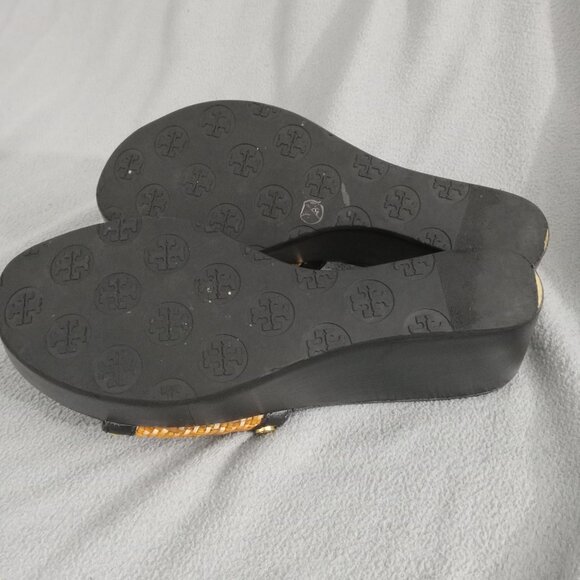 TORY BURCH Straw/Leather JOANIE Studded PLATFORM WEDGE SANDALS US 8.5 Logo s7155 - Picture 14 of 16